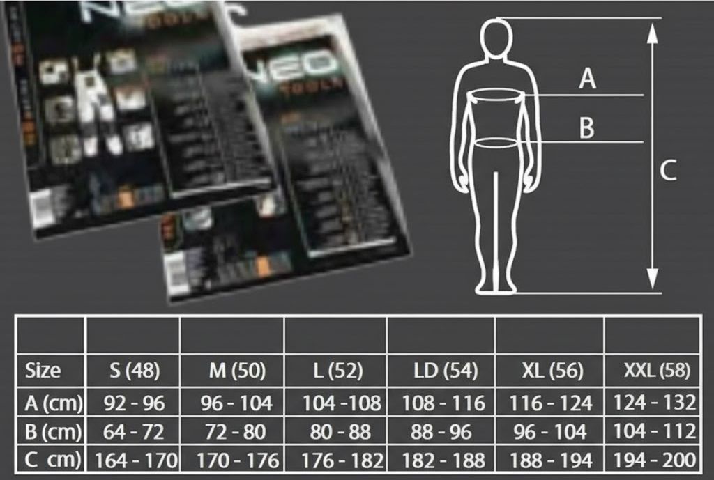 size-guide-bormann-pro-workwear Size chart for Bormann Pro workwear including chest, waist, and height measurements.